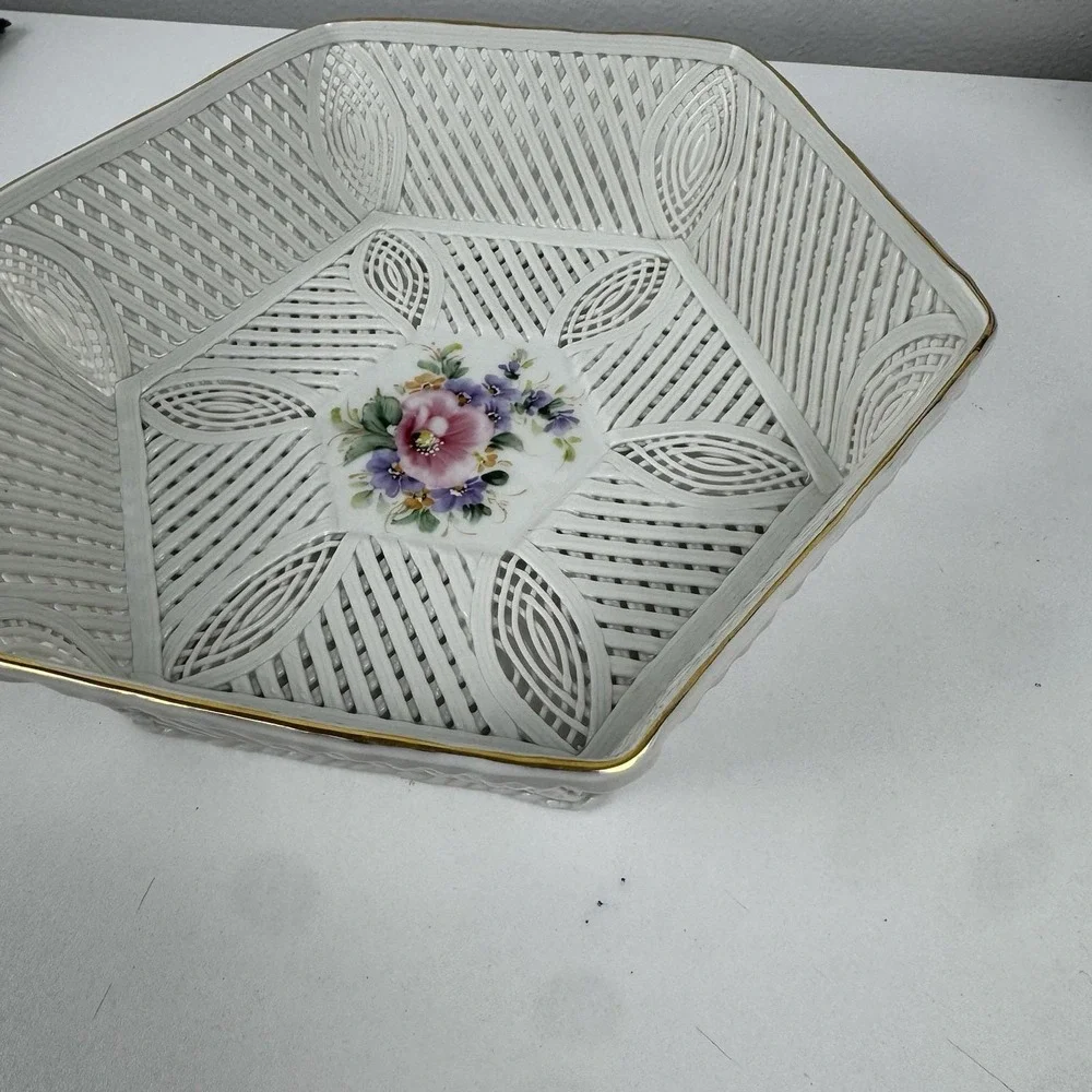 Vtg Russ‎ Collection Lattice Porcelain Bowl Floral Gold Trim Vanity Dish